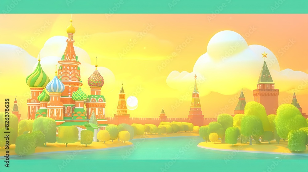 Beautiful view of Moscow, St Basil's Cathedral and the Kremlin at sunset, photo realistic, high resolution.
