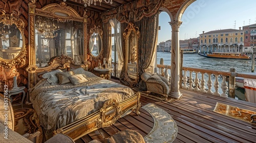 luxurious bedroom with a Venetian lagoon theme, featuring ornate mirrors, rich brocade fabrics, and a romantic gondola-style bed photo