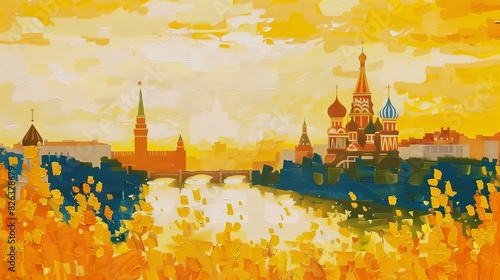 Beautiful view of Moscow, St Basil's Cathedral and the Kremlin at sunset, photo realistic, high resolution.