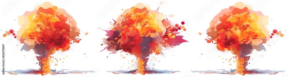 nuclear explosion in three stages of flowering, white background ...