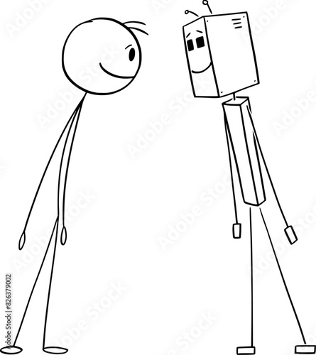 Cooperation between human and robot or Ai or artificial intelligence, vector cartoon stick figure or character illustration.