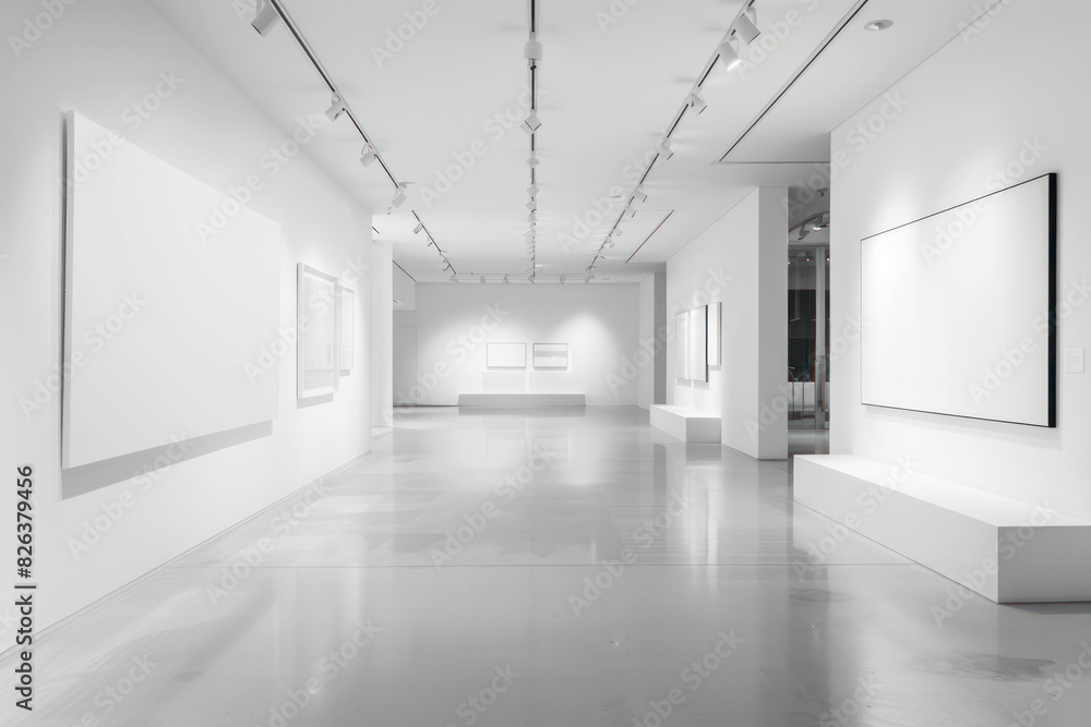 Fototapeta premium Minimalist Modern Art Gallery with Abstract Paintings