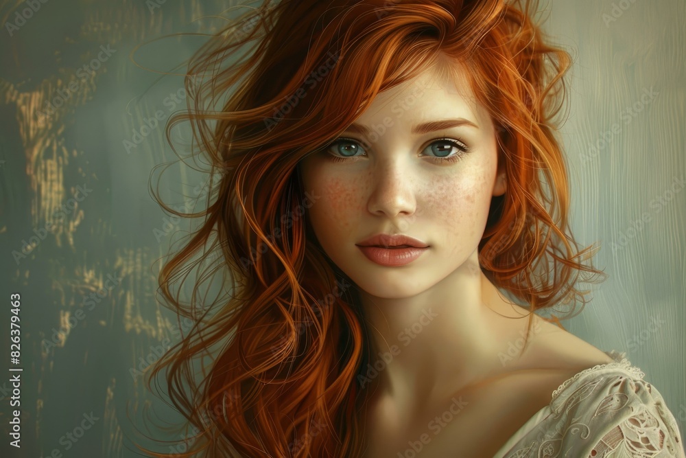 Beautiful digital art portrait of a serene redheaded woman with freckles, showcasing her elegant facial expression, vibrant red hair, and captivating green eyes