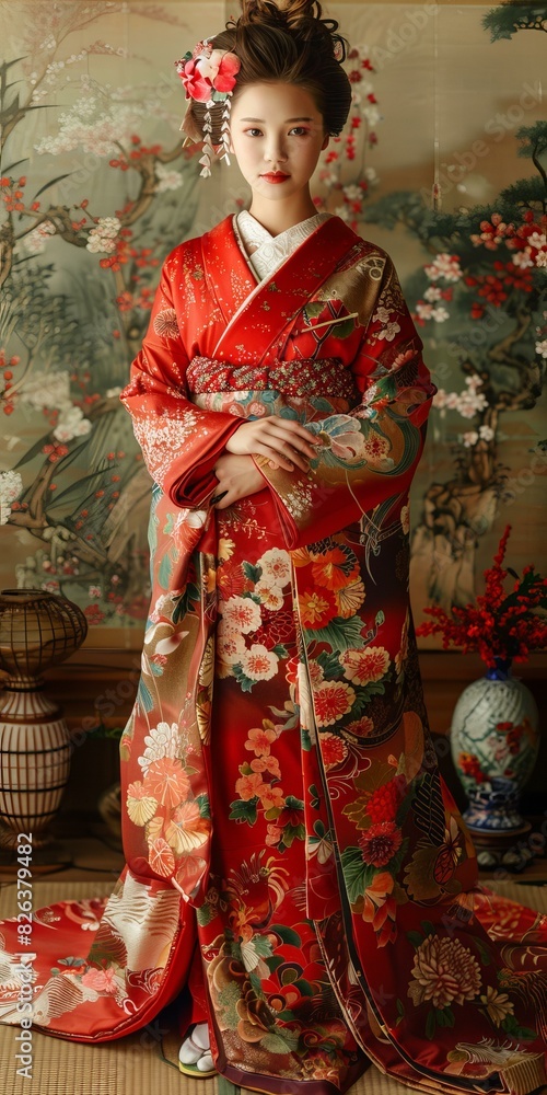 A woman wearing a red kimono with floral patterns