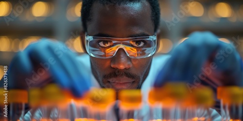 A focused scientist conducting experiments with test tubes, illuminated by warm, glowing lights in a dimly lit laboratory.