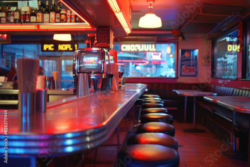 Late-Night Diner with Neon Signage and Reflective Surfaces