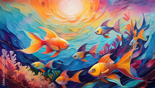 Oil Painting. Underwater Landscape with School of Bright Exotic Fish and Coral Reefs. Undersea Life. © Nata_Smilyk ッ