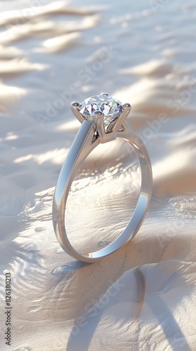 Exquisite Diamond Ring Captured in Serene Beach Setting,Evoking Tranquility and Romance