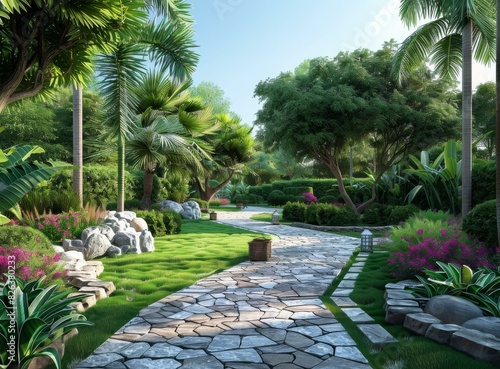 Lush Tropical Garden with Pathways and Palm Trees