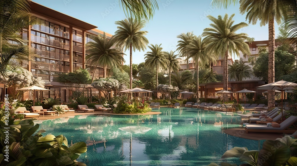 An elegant holiday resort setting with a lavish pool surrounded by lounges and lush greenery in a tranquil atmosphere An elegant holiday resort setting with a lavish pool surrounded by lounges and lush greenery in a tranquil atmosphere