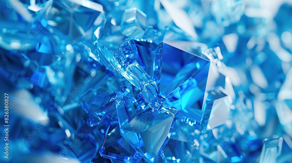 A close-up of a blue crystal that has been shattered into many pieces. 
