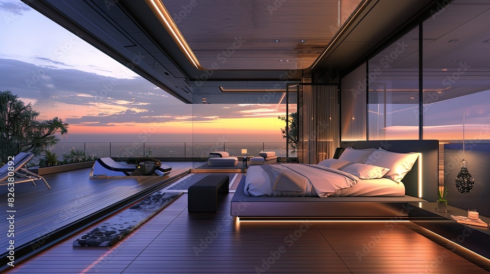 minimalist bedroom with high-tech features like a retractable ceiling, automated furniture, and ambient lighting minimalist bedroom with high-tech features like a retractable ceiling, automated furniture, and ambient lighting