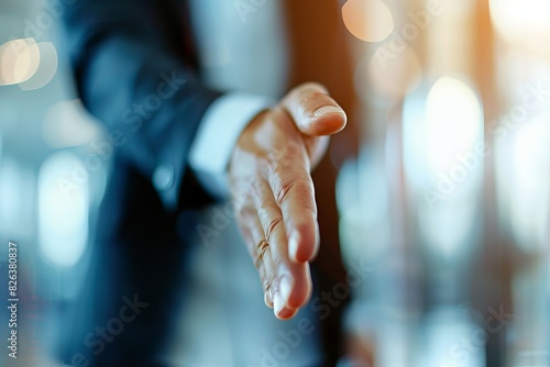 Close up of a businessman giving a handshake in an office, with a blurred background and copy space concept © Shahriyar