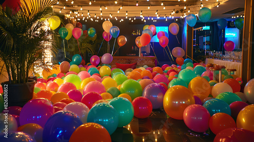 A lively party setting with an abundance of colorful balloons covering the floor and ceiling