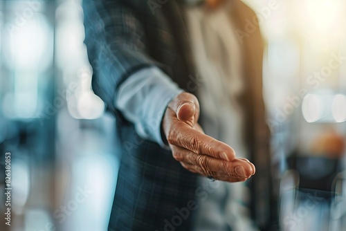 Close up of a businessman giving a handshake in an office, with a blurred background and copy space concept