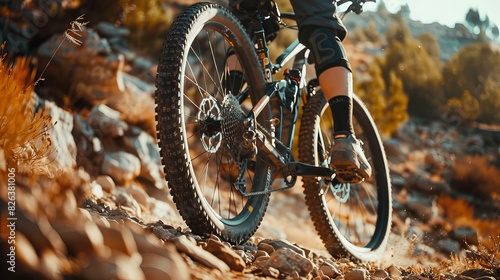 Close up of a mountain biker riding on a rocky road, side view with focus on the wheel and foot in the air, sunny day, high resolution photography. 