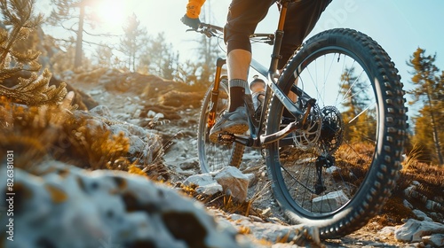 Close up of a mountain biker riding on a rocky road, side view with focus on the wheel and foot in the air, sunny day, high resolution photography. 