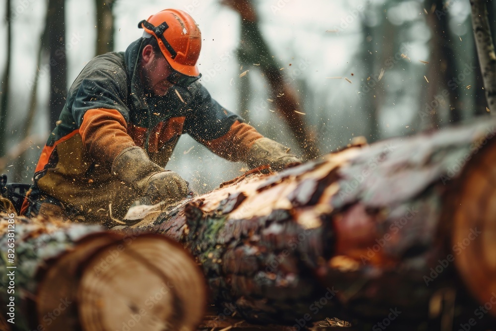Skilled lumberjack in safety gear saws through a large tree, wood chips flying Skilled lumberjack in safety gear saws through a large tree, wood chips flying