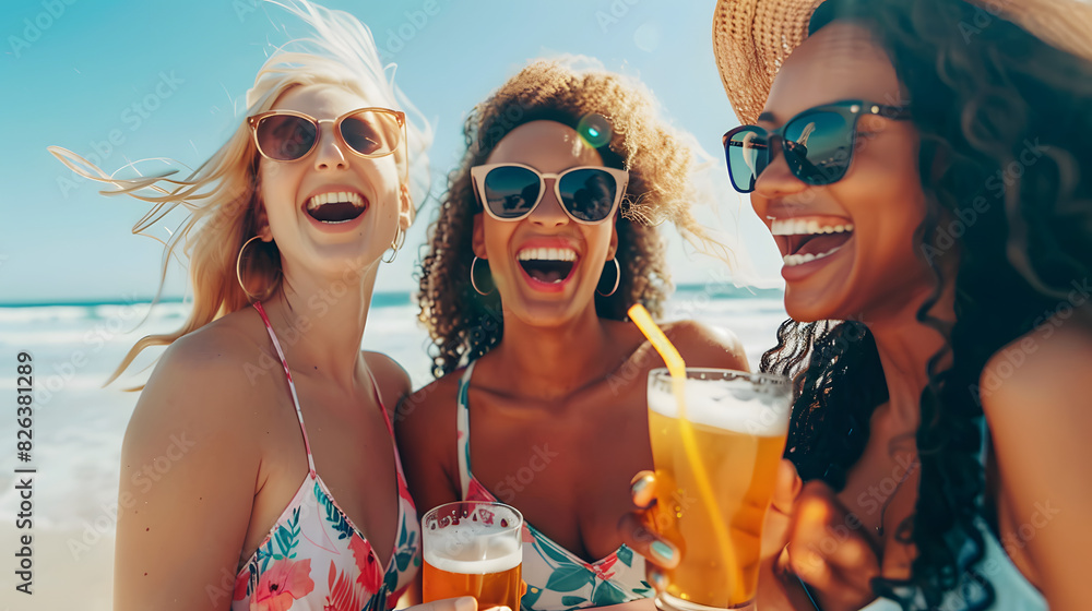 Happy girlriends chatting and laughing on the beach drinking beer Happy girlriends chatting and laughing on the beach drinking beer