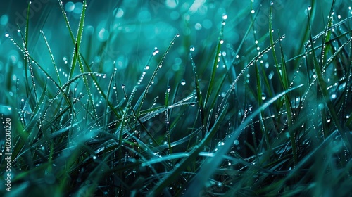 A close-up photograph of grass with dew on it. The grass and dew are a bright aqua color, and the background is slightly darker  photo