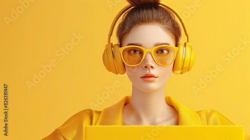 3d woman character with laptop and headphone on isolated yellow background photo