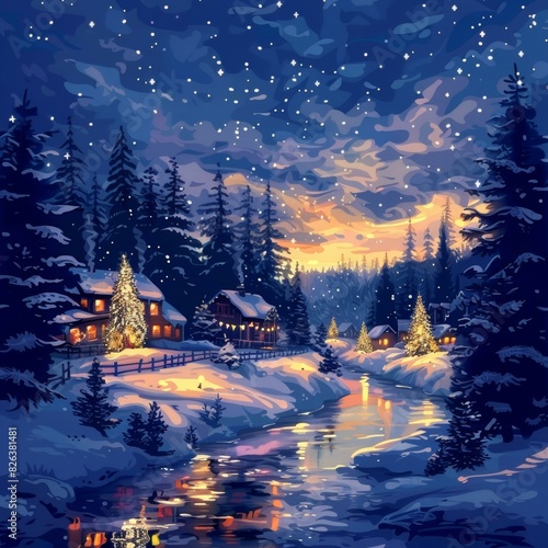 Snowy Winter Night in Tranquil Village photo
