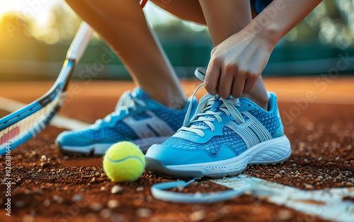 Close up of a woman tennis player tying her shoes on the court with a racket and balls
