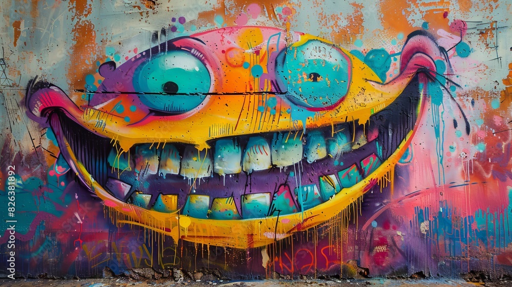 colorful graffiti wall painting of an adorable happy monster, street art style, colorful background