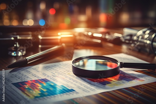 Magnifying glass and financial report on office table with light bokeh background