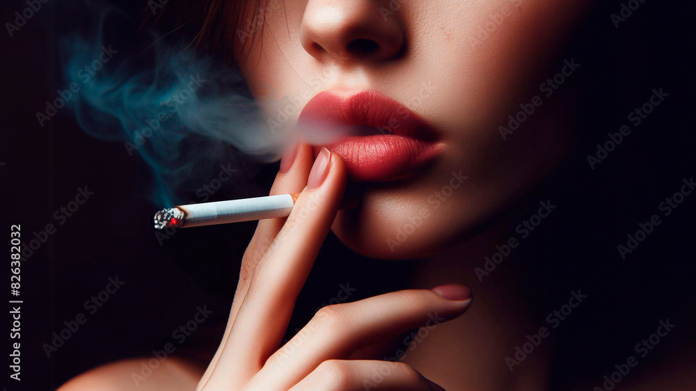 Obraz premium Close-up of the lip of a young woman smoking a cigarette, highlighting the health risks