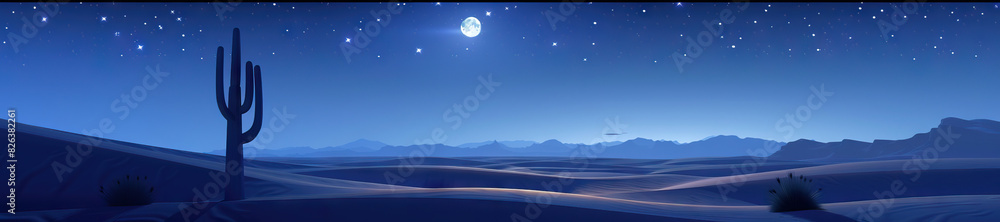 Moonlit Desert: A serene moonlit desert scene with sand dunes glowing in the moonlight, a starry sky above, and the silhouette of a lone cactus