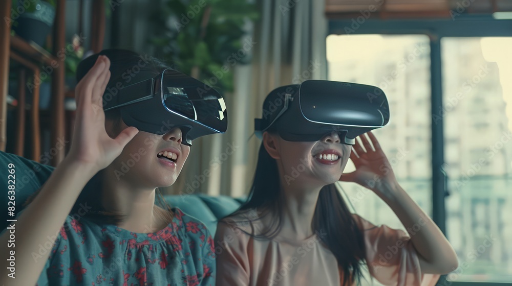 A delighted Asian mother and daughter are seen wearing VR headsets, engaging in online fashion shopping