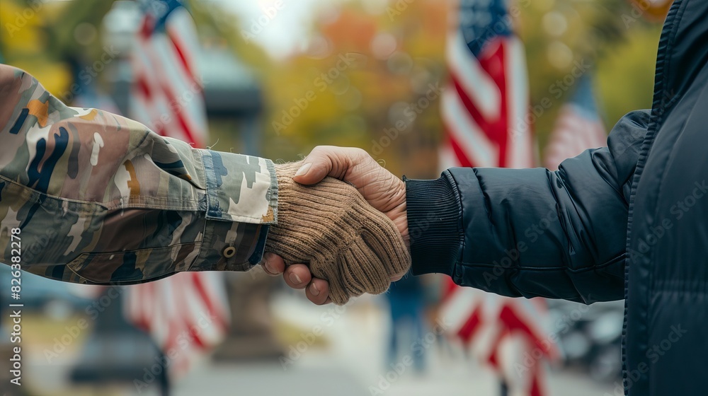 Creation failed veteran's reunion: an older and a younger military veteran shaking hands at a veterans' memorial event, with flags and memorials in the backdrop.