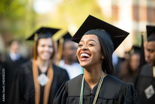  joyful young black woman in cap and gown laughing, with a crowd of graduates in the background