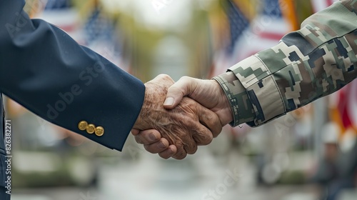 Creation failed veteran's reunion: an older and a younger military veteran shaking hands at a veterans' memorial event, with flags and memorials in the backdrop.