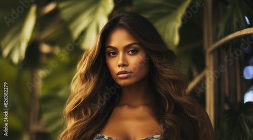 Portrait of a beautiful young Hawaiian woman standing among the leaves of a large plant