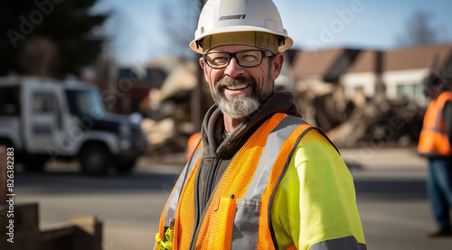 joyful man in work vest and hard hat exuding warmth and approachability photo