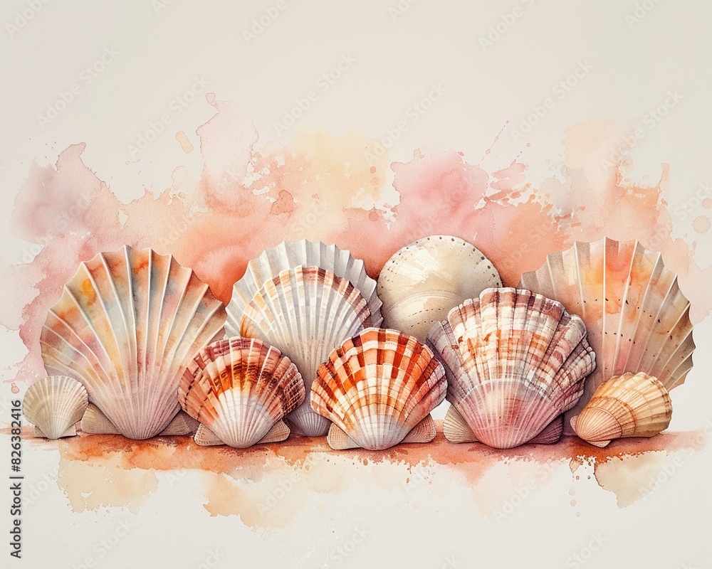 Shells with a sunset backdrop flat design side view golden hour theme water color colored pastel Shells with a sunset backdrop flat design side view golden hour theme water color colored pastel