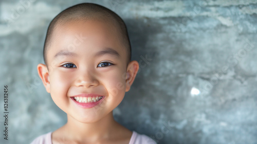 A child battling cancer. Portrait of an Asian girl patient after chemotherapy. A smiling child without hair on her head. Bokeh in the background. International Childhood Cancer Day. © Mariia Mazaeva