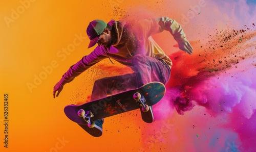 A man skater doing kickflip on skateboard, colorful background photo