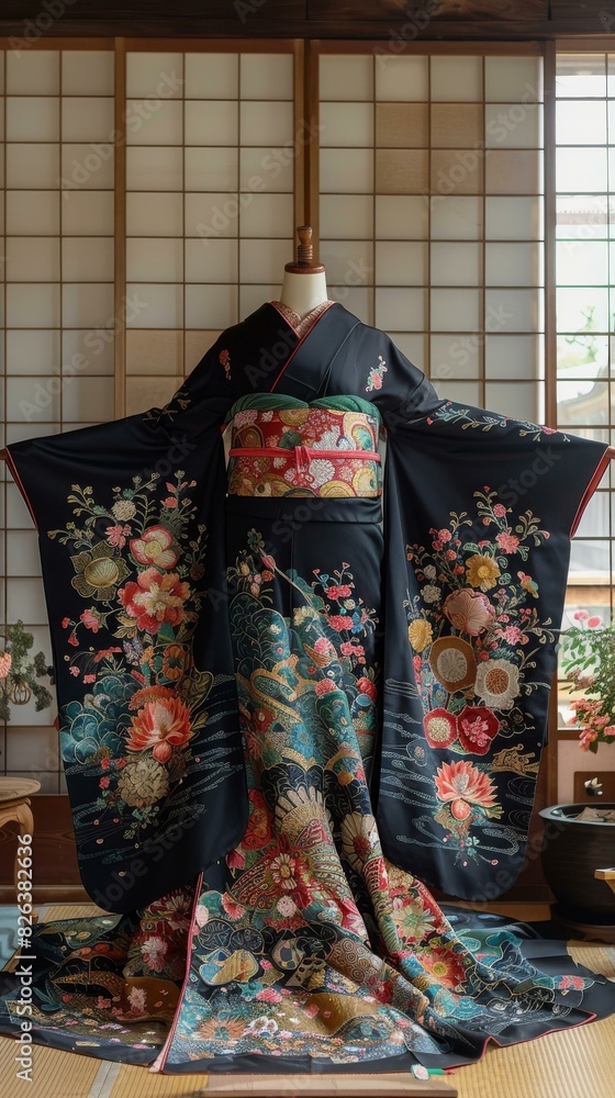 Elegant Black Kimono with Floral Embroidery