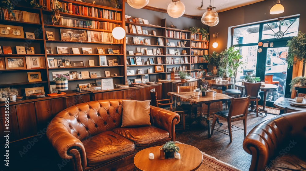 Φωτογραφία the interior of a warm and cozy cafe shop, with overstuffed leather furniture