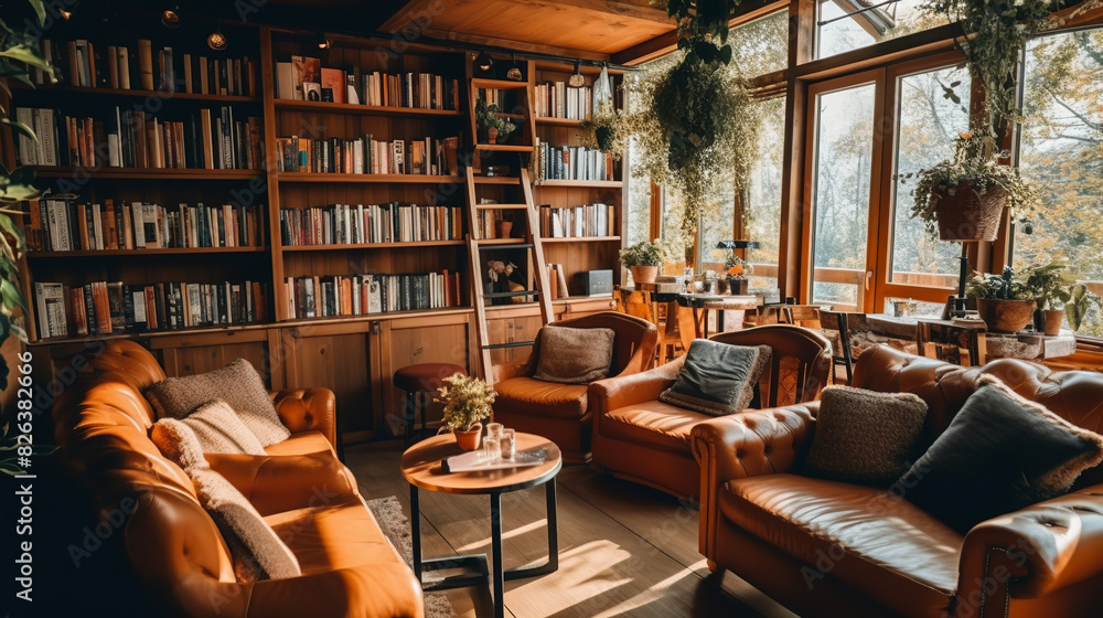 the interior of a warm and cozy cafe shop, with overstuffed leather furniture the interior of a warm and cozy cafe shop, with overstuffed leather furniture