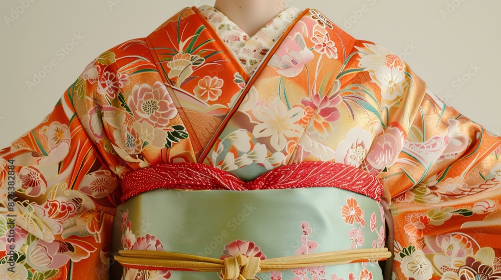 A woman wearing a kimono with floral patterns A woman wearing a kimono with floral patterns