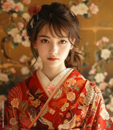 Portrait of a young woman in a red kimono