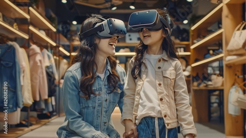 A special moment as an Asian mother and daughter use VR headsets for an immersive fashion shopping experience, their happiness radiating through their smiles. photo