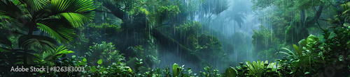 Monsoon Forest: A lush monsoon forest scene with dense foliage, tropical birds, and the soothing sound of rain falling on leaves photo