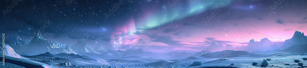 Fototapeta premium Arctic Tundra: A stark Arctic tundra scene with vast expanses of snow-covered plains, polar bears, and a shimmering aurora borealis overhead