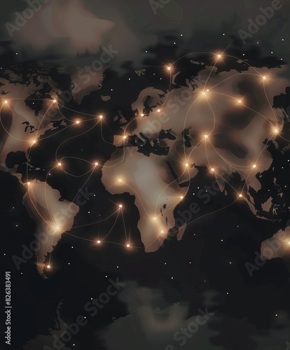 Digital map of the world with glowing connections, symbolizing global connectivity and data transfer across continents.