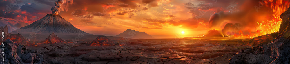 Fototapeta premium Volcanic Landscape: A dramatic volcanic landscape scene with a steaming volcano, rugged lava fields, and a fiery sunset in the background